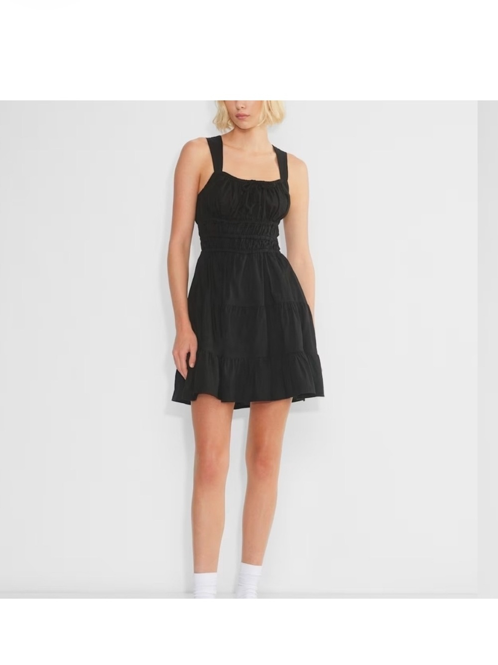 Sunday Best Black Smocked Tiered Mini Dress aritzia martine